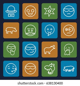 Comic icons set. set of 16 comic outline icons such as hippopotamus, explosion, hat and bow, crazy emot, cool emot in sunglasses