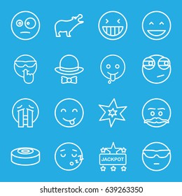 Comic icons set. set of 16 comic outline icons such as hippopotamus, explosion, jackpot, hat and bow, smoke bomb, laughing emot, cool emot in sunglasses, crying emoji