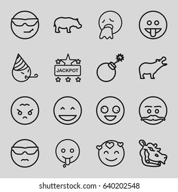 Comic icons set. set of 16 comic outline icons such as hippopotamus, explosion, jackpot, crazy emot, laughing emot, emoji showing tongue