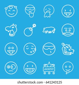 Comic icons set. set of 16 comic outline icons such as hippopotamus, explosion, jackpot, laughing emot, cool emot in sunglasses