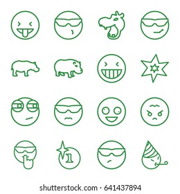 Comic icons set. set of 16 comic outline icons such as hippopotamus, explosion, crazy emot, laughing emot, rolling eyes emoji