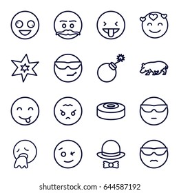 Comic icons set. set of 16 comic outline icons such as hippopotamus, explosion, hat and bow, smoke bomb, crazy emot, wink emot