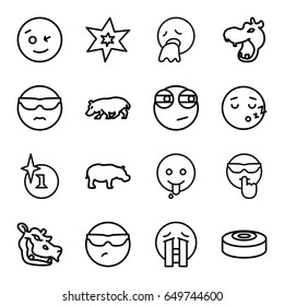 Comic icons set. set of 16 comic outline icons such as hippopotamus, explosion, smoke bomb, wink emot, cool emot in sunglasses, crying emoji, emoji showing tongue