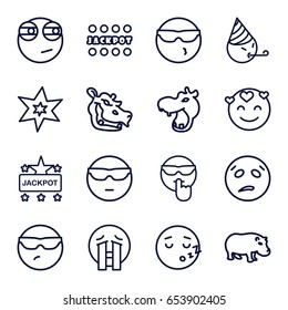 Comic icons set. set of 16 comic outline icons such as hippopotamus, explosion, jackpot, cool emot in sunglasses, emot in love, crying emoji