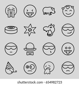 Comic icons set. set of 16 comic outline icons such as hippopotamus, explosion, hat and bow, smoke bomb, cool emot in sunglasses, emot in love