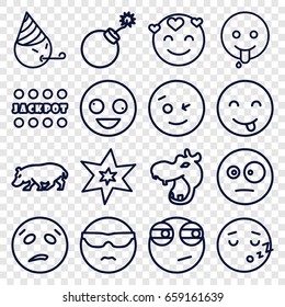 Comic icons set. set of 16 comic outline icons such as hippopotamus, explosion, jackpot, crazy emot, wink emot, emoji showing tongue