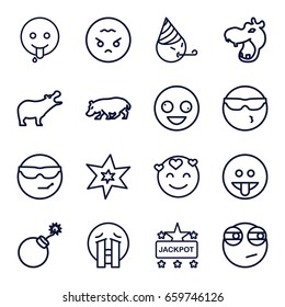Comic icons set. set of 16 comic outline icons such as hippopotamus, explosion, jackpot, crazy emot, cool emot in sunglasses, crying emoji