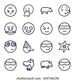 Comic icons set. set of 16 comic outline icons such as hippopotamus, explosion, crazy emot, wink emot, rolling eyes emoji