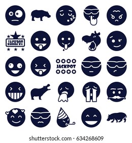 Comic icons set. set of 25 comic filled icons such as hippopotamus, jackpot, crazy emot, laughing emot, crying emoji, emoji showing tongue