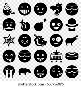 Comic icons set. set of 25 comic filled icons such as hippopotamus, explosion, jackpot, crazy emot, laughing emot, crying emoji, angry emoji, hat and bow