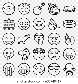 Comic icons set. set of 25 comic outline icons such as hippopotamus, explosion, jackpot, hat and bow, smoke bomb, crazy emot, laughing emot, crying emoji