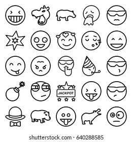 Comic icons set. set of 25 comic outline icons such as hippopotamus, explosion, jackpot, hat and bow, crazy emot, laughing emot, rolling eyes emoji