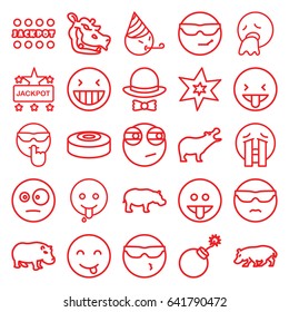 Comic icons set. set of 25 comic outline icons such as hippopotamus, explosion, jackpot, hat and bow, smoke bomb, laughing emot, cool emot in sunglasses, crying emoji