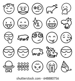 Comic icons set. set of 25 comic outline icons such as hippopotamus, explosion, jackpot, hat and bow, laughing emot, cool emot in sunglasses, crying emoji, rolling eyes emoji