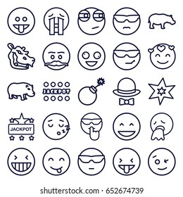 Comic icons set. set of 25 comic outline icons such as hippopotamus, explosion, jackpot, hat and bow, crazy emot, laughing emot, crying emoji