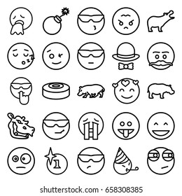 Comic icons set. set of 25 comic outline icons such as hippopotamus, explosion, hat and bow, smoke bomb, laughing emot, wink emot, crying emoji, rolling eyes emoji
