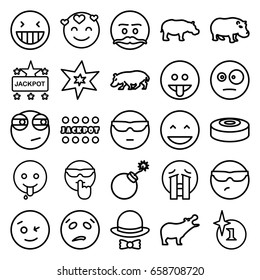 Comic icons set. set of 25 comic outline icons such as hippopotamus, explosion, jackpot, hat and bow, smoke bomb, laughing emot, wink emot, crying emoji, emoji showing tongue