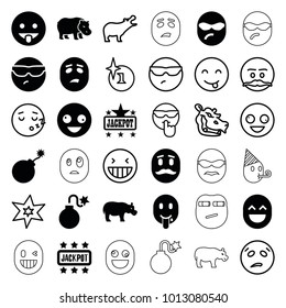 Comic icons. set of 36 editable filled and outline comic icons such as explosion, jackpot, crazy emot, cool emot in sunglasses, hippopotamus, emoji showing tongue