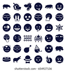 Comic icons set. set of 36 comic filled icons such as hippopotamus, explosion, jackpot, crazy emot, laughing emot, crying emoji, emoji showing tongue, hat and bow