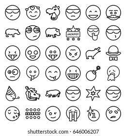 Comic icons set. set of 36 comic outline icons such as hippopotamus, explosion, jackpot, hat and bow, crazy emot, laughing emot, crying emoji