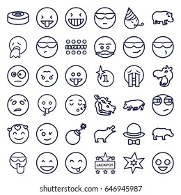 Comic icons set. set of 36 comic outline icons such as hippopotamus, explosion, jackpot, hat and bow, smoke bomb, crazy emot, laughing emot, crying emoji