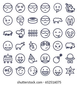 Comic icons set. set of 36 comic outline icons such as hippopotamus, explosion, jackpot, hat and bow, smoke bomb, crazy emot, laughing emot, crying emoji