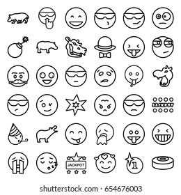 Comic icons set. set of 36 comic outline icons such as hippopotamus, explosion, jackpot, hat and bow, smoke bomb, crazy emot, laughing emot, crying emoji