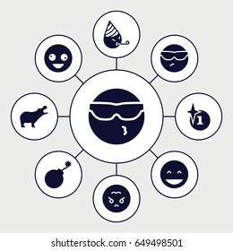 Comic icons set. set of 9 comic filled icons such as hippopotamus, explosion, crazy emot, laughing emot