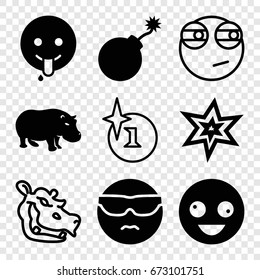 Comic icons set. set of 9 comic filled and outline icons such as hippopotamus, explosion, crazy emot, cool emot in sunglasses, emoji showing tongue