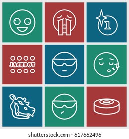 Comic icons set. set of 9 comic outline icons such as hippopotamus, explosion, Jackpot, smoke bomb, crazy emot, cool emot in sunglasses, crying emoji
