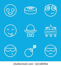 Comic icons set. set of 9 comic outline icons such as explosion, Jackpot, hat and bow, smoke bomb, crazy emot, cool emot in sunglasses, emot showing tongue