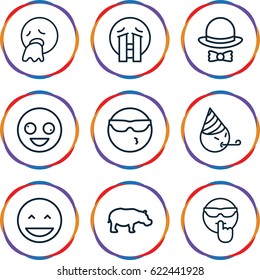 Comic icons set. set of 9 comic outline icons such as hippopotamus, hat and bow, crazy emot, laughing emot