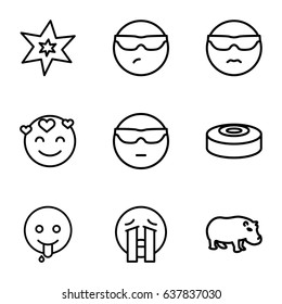Comic icons set. set of 9 comic outline icons such as hippopotamus, explosion, smoke bomb, cool emot in sunglasses, emot in love, crying emoji