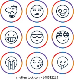 Comic icons set. set of 9 comic outline icons such as hippopotamus, crazy emot, laughing emot, crying emoji, emoji showing tongue