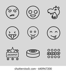 Comic icons set. set of 9 comic outline icons such as hippopotamus, jackpot, smoke bomb, crazy emot, emot showing tongue