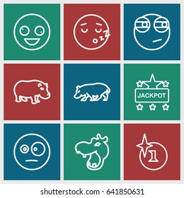 Comic icons set. set of 9 comic outline icons such as hippopotamus, explosion, jackpot, crazy emot, surprised emot, rolling eyes emoji