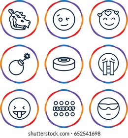 Comic icons set. set of 9 comic outline icons such as hippopotamus, explosion, jackpot, smoke bomb, wink emot, cool emot in sunglasses