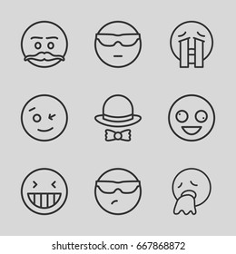 Comic icons set. set of 9 comic outline icons such as hat and bow, crazy emot, laughing emot