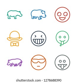 comic icons. Trendy 9 comic icons. Contain icons such as showing tongue emot, cool emot in sunglasses, hippopotamus, emoji showing tongue, laughing emot. comic icon for web and mobile.