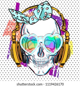 Comic illustartion. Vector skull print. Fashion design.