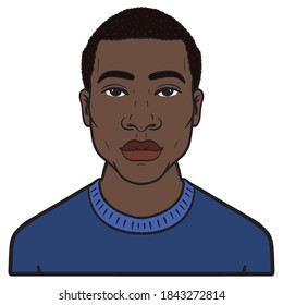 comic illustration of an african american and blue sweater. avatar, outline.