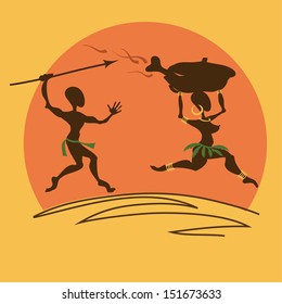 Comic illustration with African warrior pursuing for girl with dinner