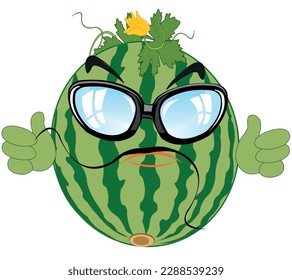 Ilustración cómica de la sandía viva con gafas y mano