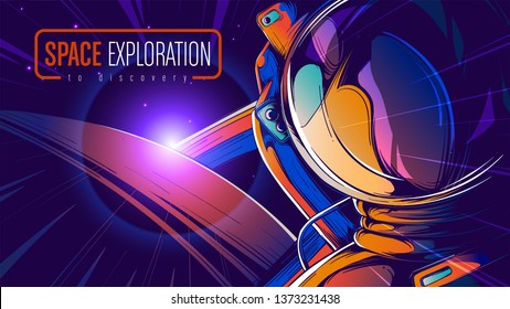 A comic illustration of an astronaut in space with sunlight at horizon.