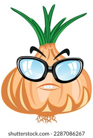 Comic illustration of the cartoon of the vegetable onion bespectacled