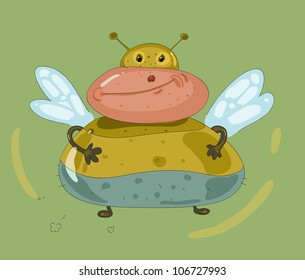 Comic illustration with cheerful fat fly on green background