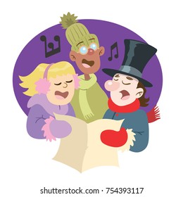 comic illustration of Christmas carol singers