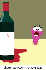 comic illustration, a cluster of grapes regretting the death of another that is now a bottle of wine. Wine label can be edited for different advertising related to wine