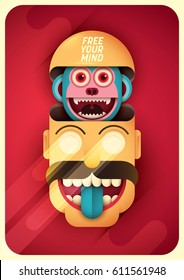 Comic illustration in color, bizarre with human head, smiling monkey and slogan. Vector illustration.