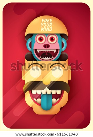 Comic illustration in color, bizarre with human head, smiling monkey and slogan. Vector illustration.